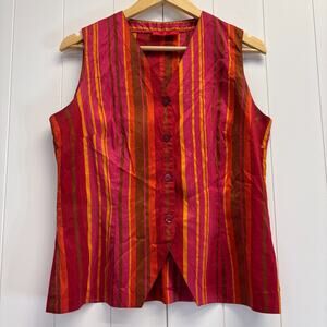 Vintage Devernois Silk Striped Boho Whimsical Top Size M Quiet Luxury V-Neck